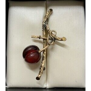 Vintage Antique Forbidden Fruit Cherry Brooch Bakelite Red Gold Filled
